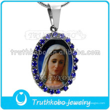 Catholic Amethyst Jewelry Prayer Etched Silver Stainless Steel Pendant Our Lady of Madonna of Guadalupe Religious Pendant